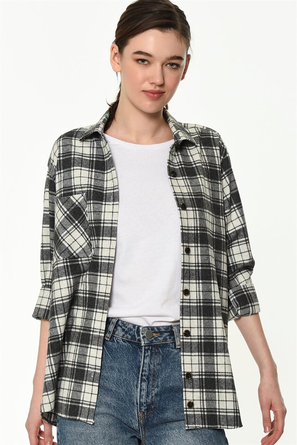 Z6662 DEWBERRY BAYAN GÖMLEK-BEYAZ-SİYAH