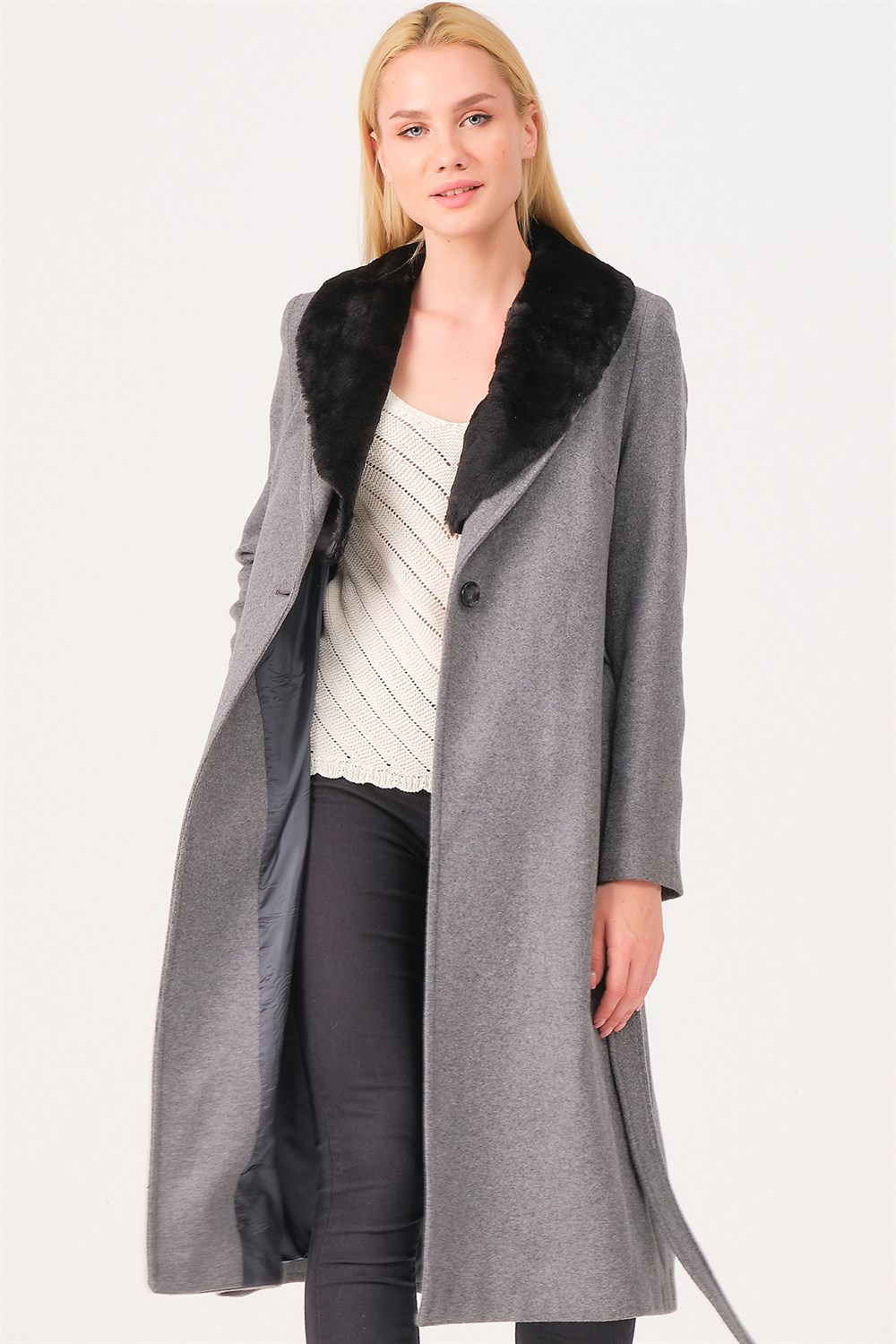 Z6671 DEWBERRY BAYAN PALTO-AÇIK GRİ