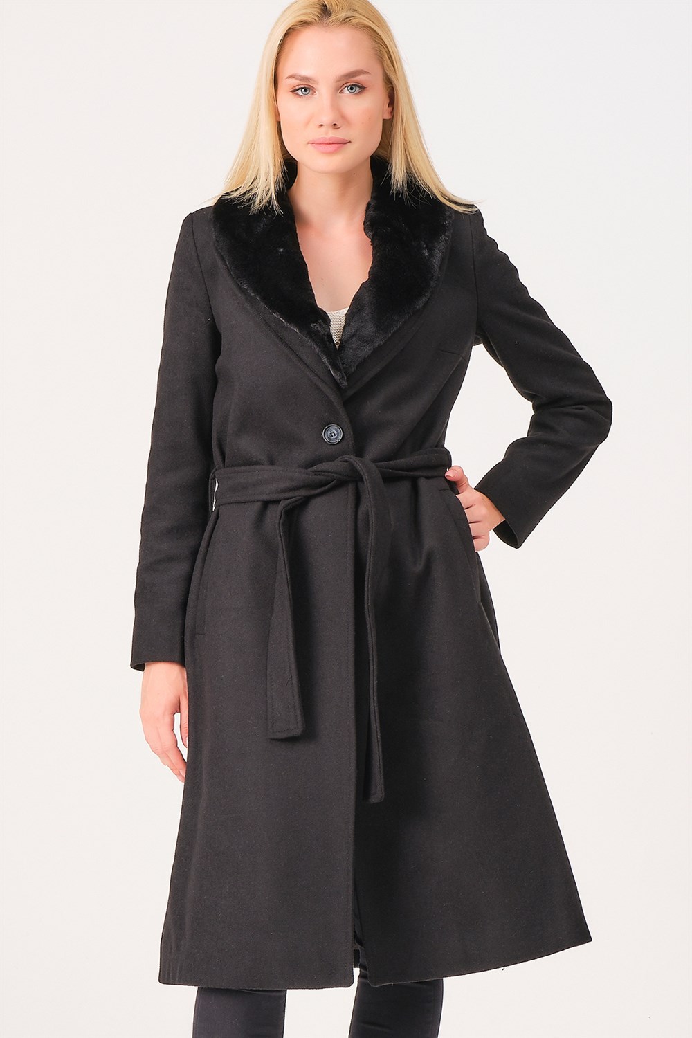 Z6671 DEWBERRY BAYAN PALTO-SİYAH