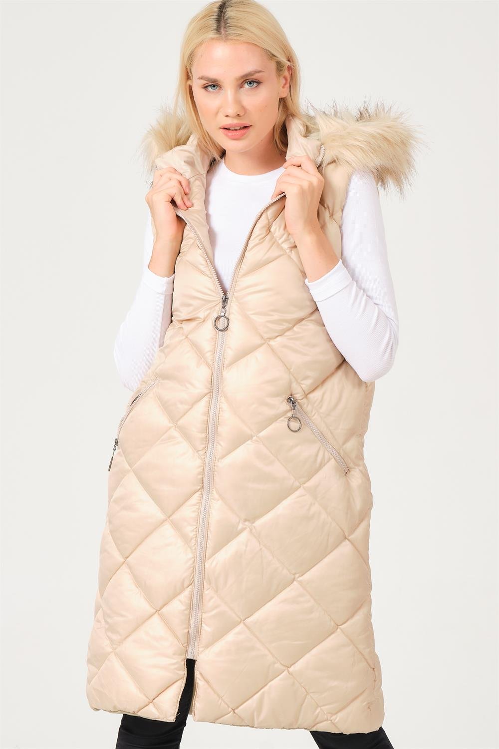 Z6717 DEWBERRY BAYAN YELEK-DÜZ KREM