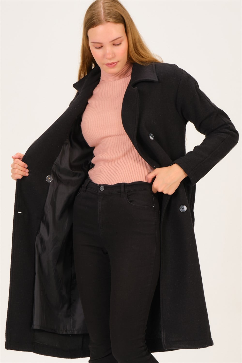 Z6765 DEWBERRY BAYAN PALTO-SİYAH