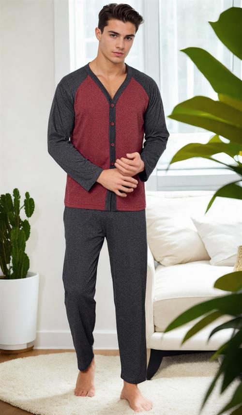 J5629 Dewberry Mens Buttoned Long Sleeve Pyjama Set-BORDO