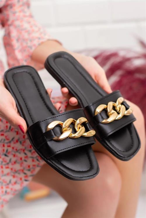 TER01 Women Slippers with Chain-SİYAH