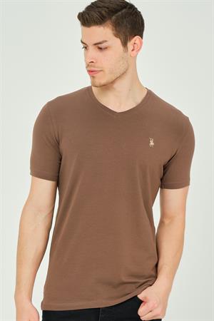 T8568 DEWBERRY V YAKA ERKEK T-SHIRT-KOYU KAHVE