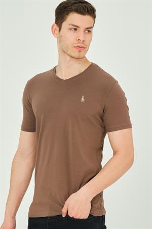 T8568 DEWBERRY V YAKA ERKEK T-SHIRT-KOYU KAHVE