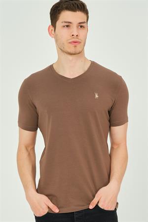 T8568 DEWBERRY V YAKA ERKEK T-SHIRT-KOYU KAHVE