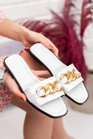 TER01 Women Slippers with Chain-BEYAZ