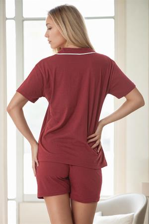U3506 Dewberry Womens Piped Short Sleeve Shorts Pyjama Set-BORDO