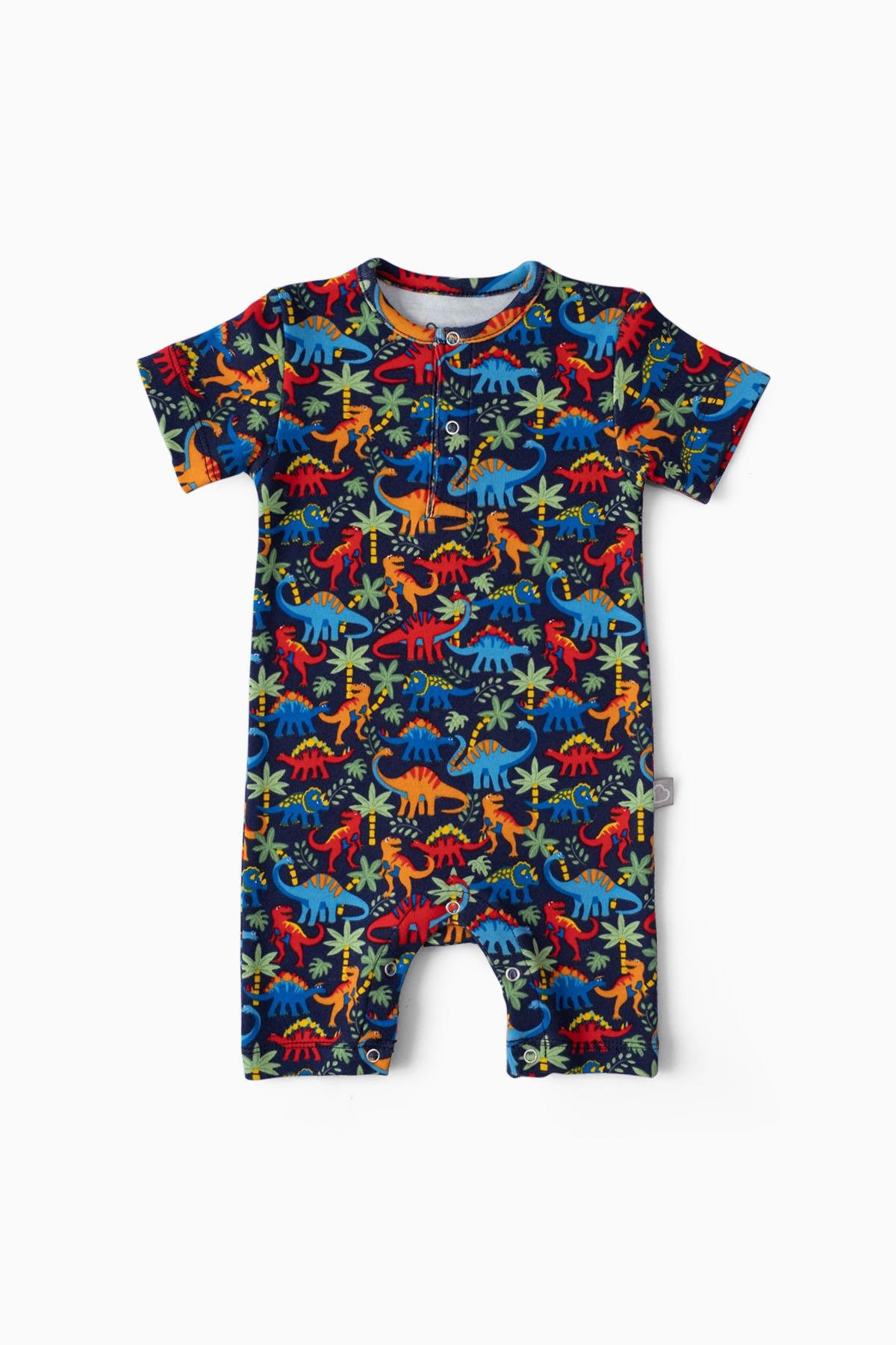 Boumini Kısa Kollu Şort Bebek Tulum Dinozor Desenli Lacivert