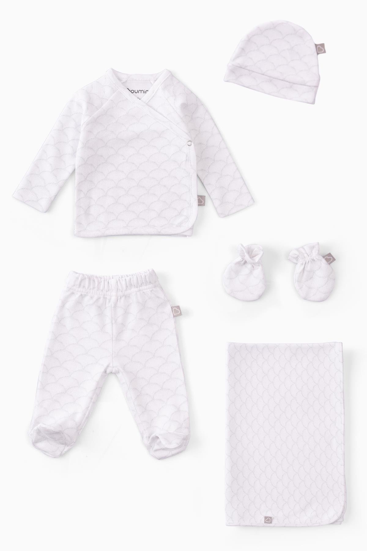 Boumini %100 Pamuk Bebek 5'li Hastane Çıkış Seti Büyük Dalga Beyaz