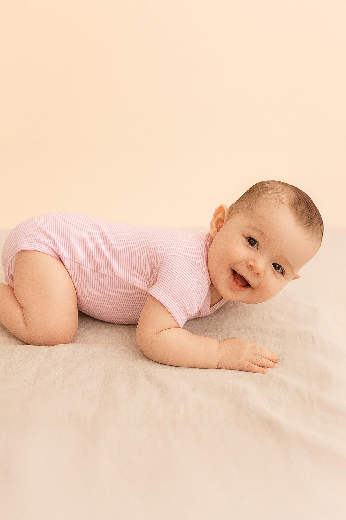 Boumini Pamuklu Bebek Çıtçıtlı Kısa Kollu Body  Zarf Yaka Pembe Çizgili