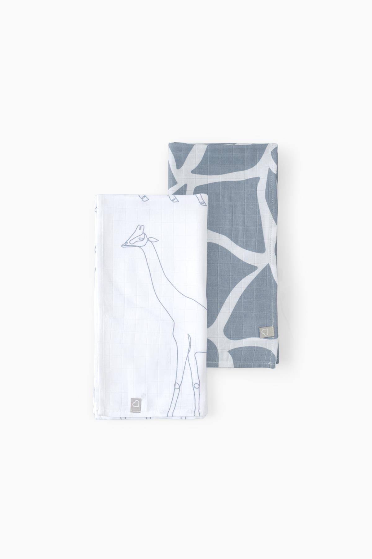 Boumini 2'li Bambu Müslin Örtü 70x70 cm Zürafa Desenli Gri