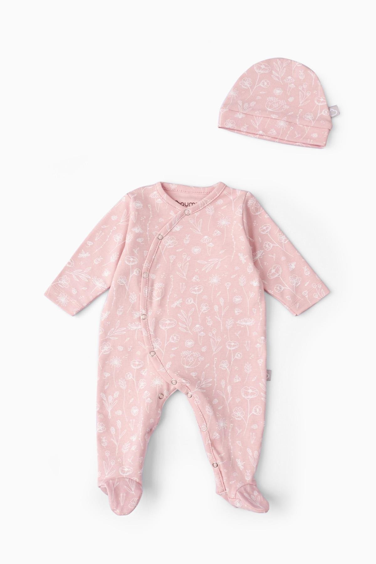 Boumini Bebek Patikli Tulum Şapka Set Bahar Çiçekli Pembe