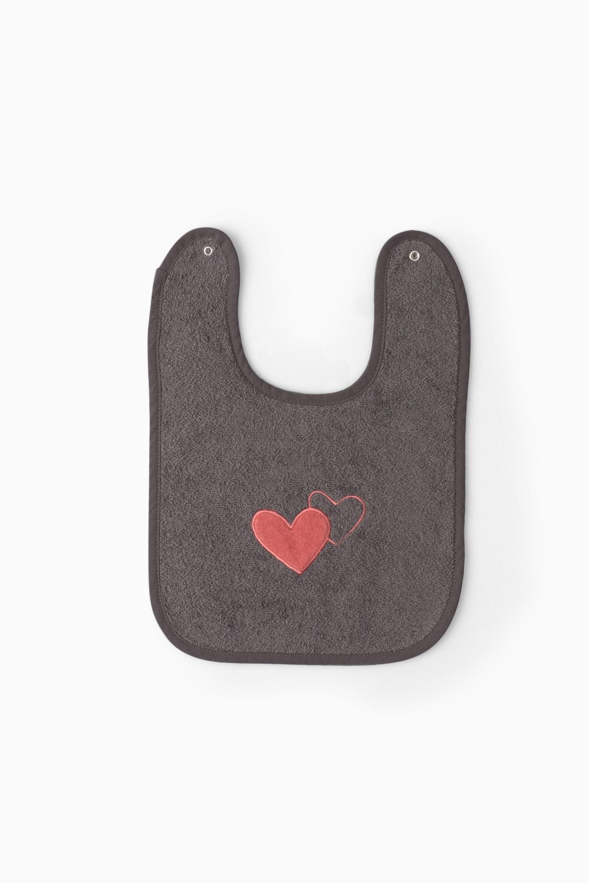 Büyük Boy Havlu Mama Önlüğü 27x37 cm Kalp Nakışlı Antrasit