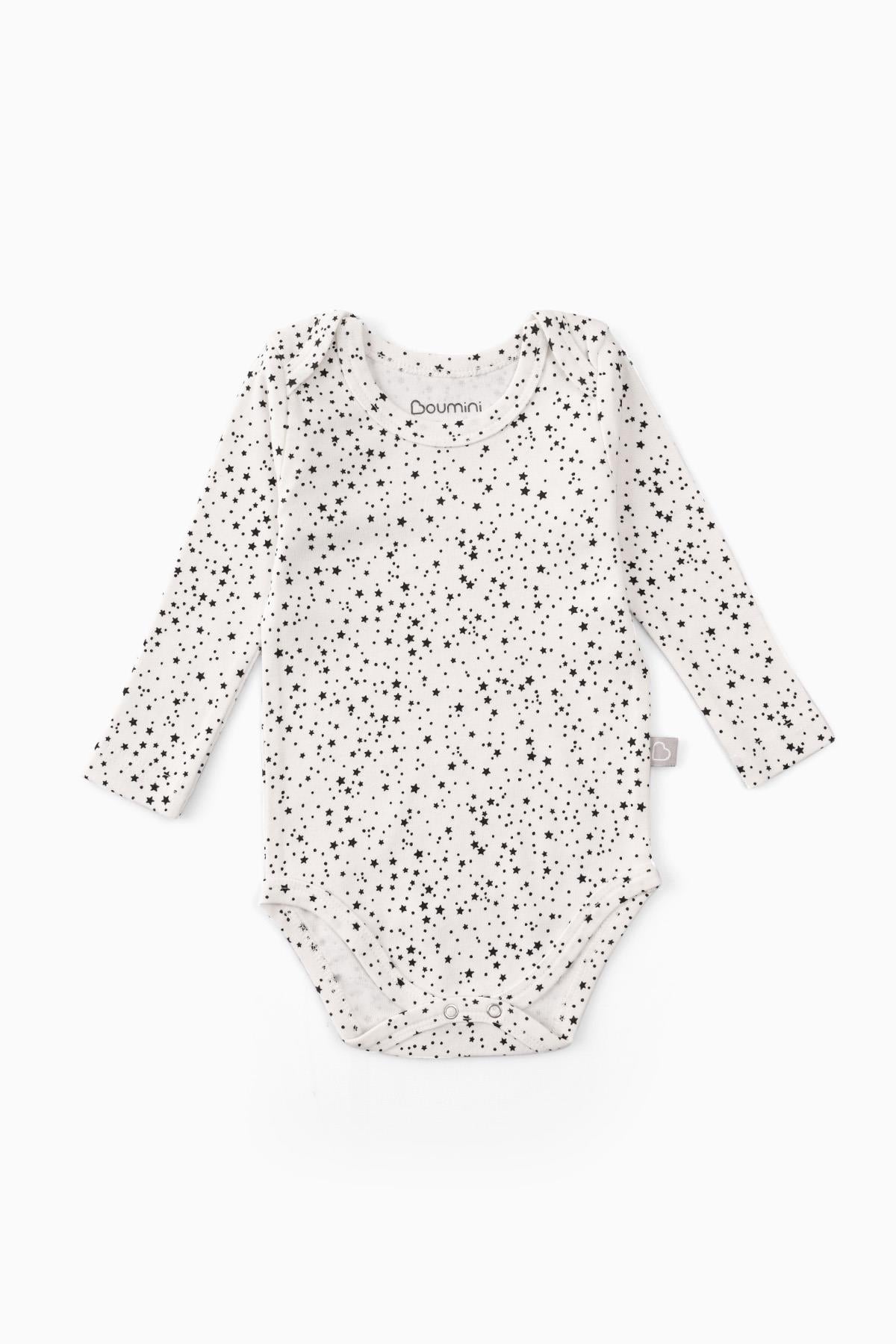 Boumini Pamuklu Uzun Kollu Bebek Çıtçıtlı Body Yıldız Tozu Beyaz