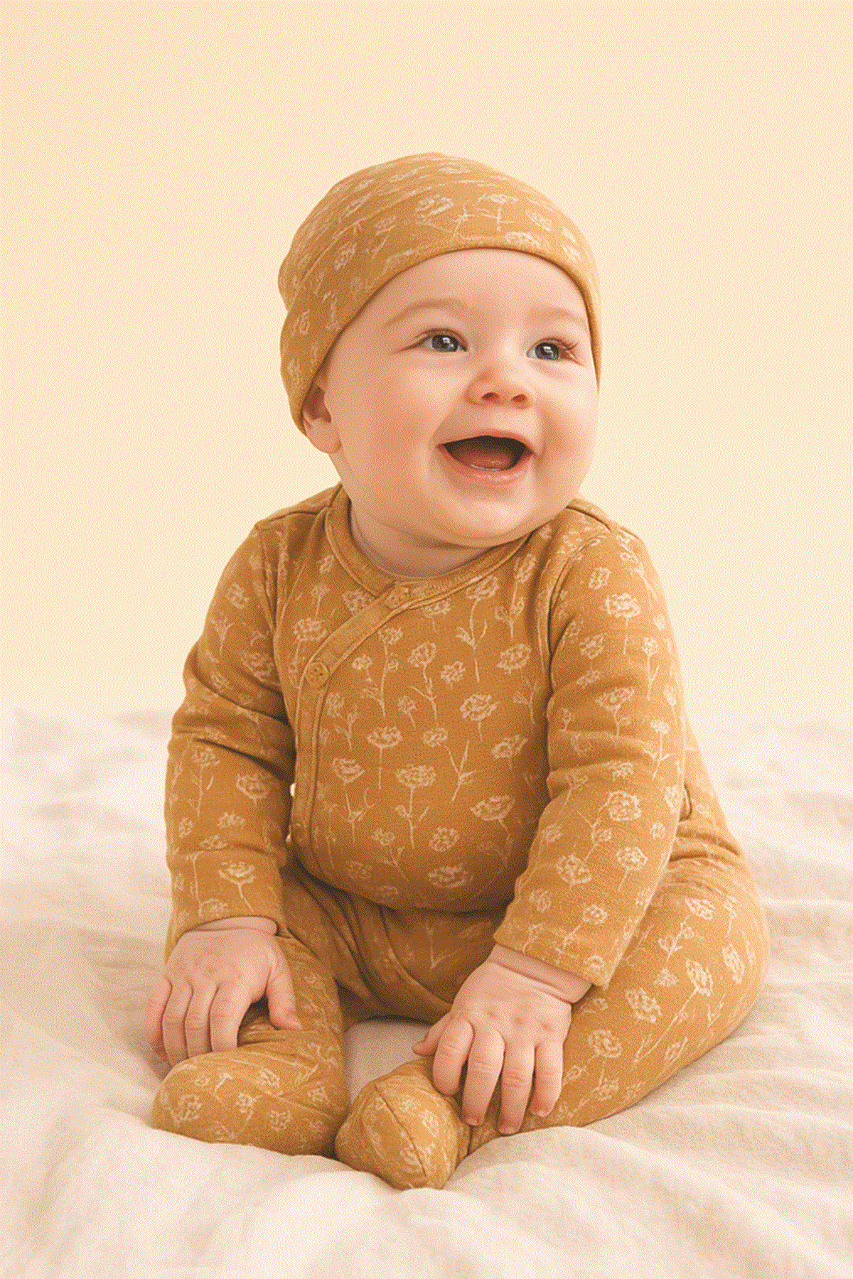 Boumini Bebek Patikli Tulum Şapka Set Bahar Çiçekli Hardal