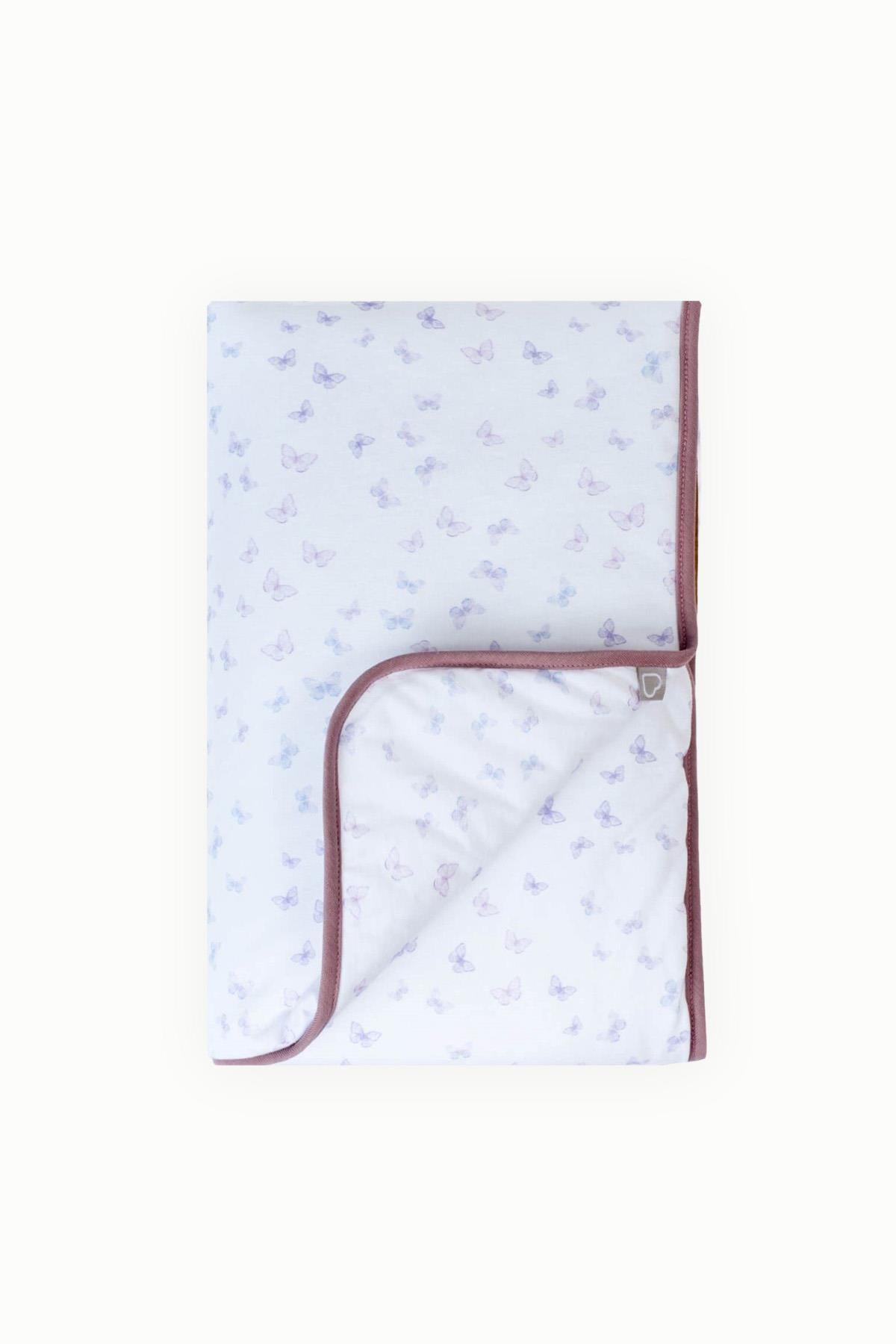 BouminiBoumini 75x100 cm Elyaf Dolgulu Pamuklu Bebek Battaniyesi Çift Taraflı Kelebekler LilaBattaniye