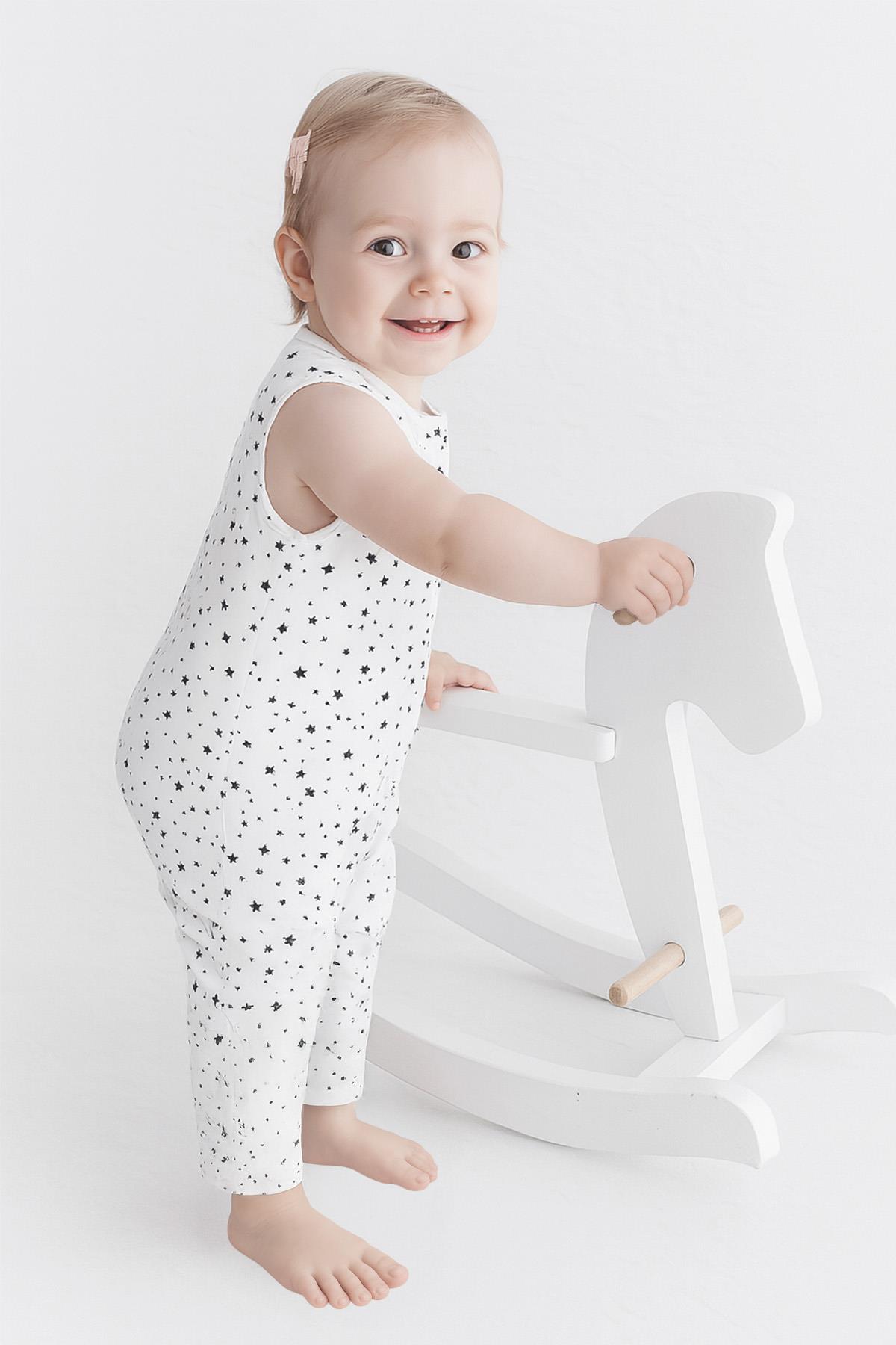 BouminiBoumini Kolsuz Uzun Bacaklı Çıtçıtlı Bebek Tulum Yıldız Tozu BeyazTulum