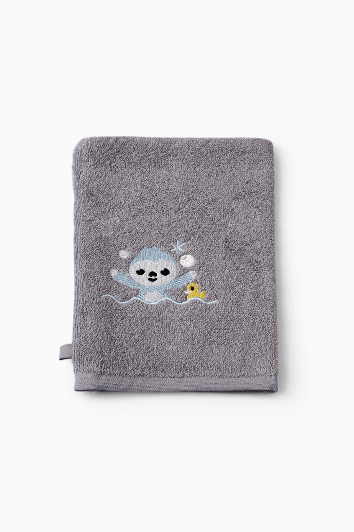 Bebek Havlu Banyo Kesesi Tembel Hayvan Nakışlı Gri
