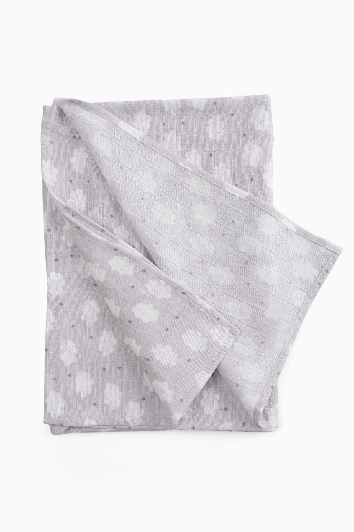 Boumini Müslin Örtü 120x120 cm Müslin Bulut Desenli Gri