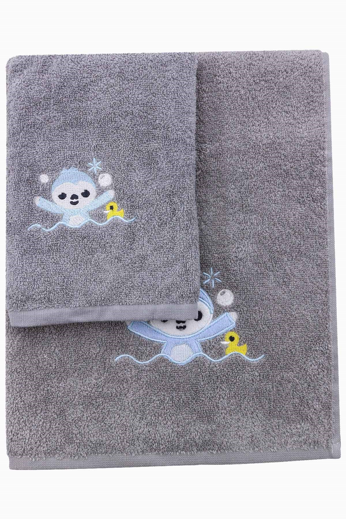 Havlu & Bornoz 2 Parça Banyo Havlusu 50x100 Takımı Nakışlı Gri Tembel Hayvan Uygun Bebe
