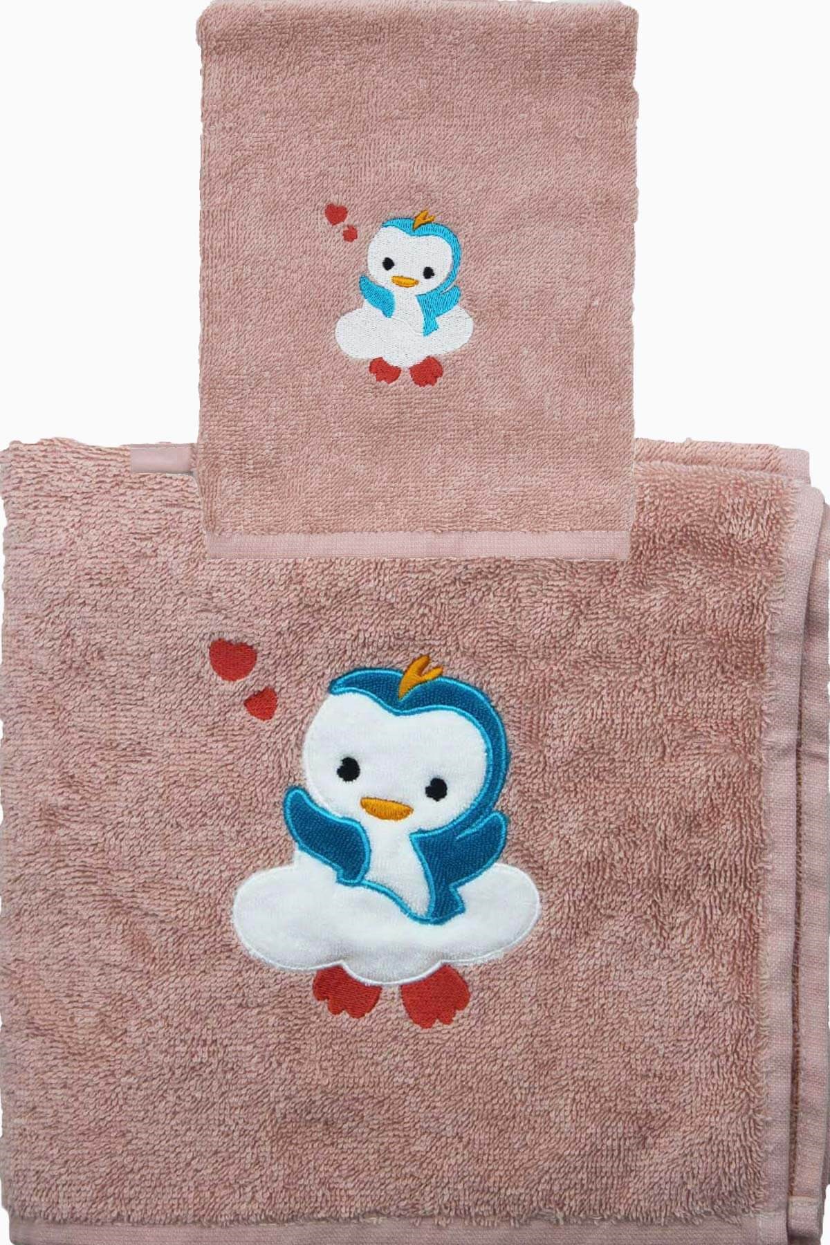 Havlu & Bornoz Havlu Kese Takım 50x100 Pembe Neşeli Penguen Uygun Bebe