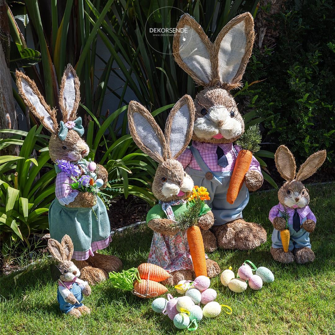 Hasır Paskalya Kravatlı Gömlekli Erkek Tavşan Pembe Gri 30 cm