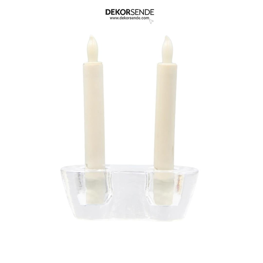 İkili Şeffaf Kristal Cam Mumluk 15x6 cm