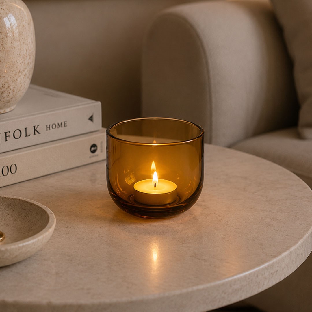 Kalın Cam Tealight Mumluk Amber 6 cm