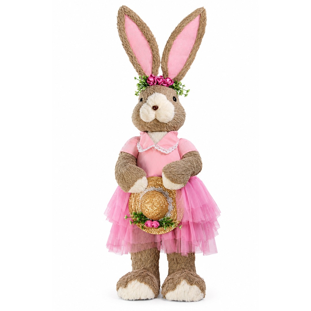 Paskalya Tavşan Kız Hasır Şapkalı Elbiseli Pembe 115 cm