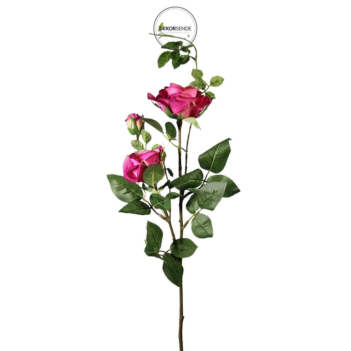 Yapay 3 Kafalı Açmış Gül Dal Fuşya 64 cm