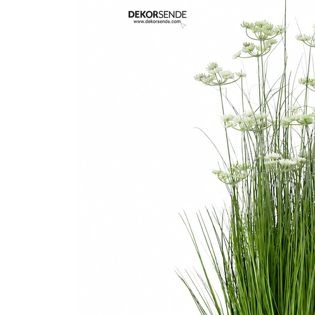 Yapay Grass Pot Beyaz Çiçekli 110 cm
