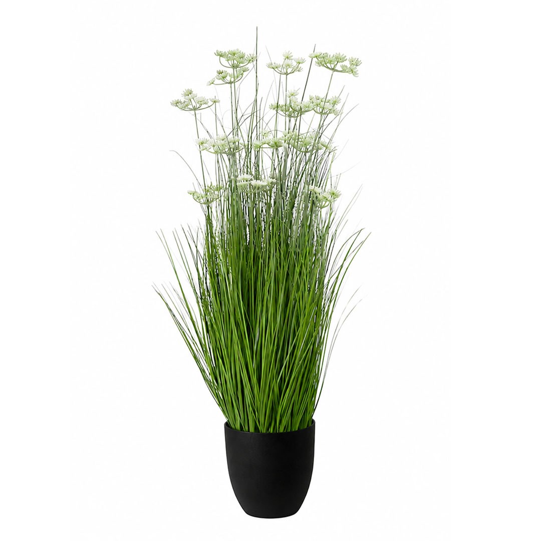 Yapay Grass Pot Beyaz Çiçekli 110 cm