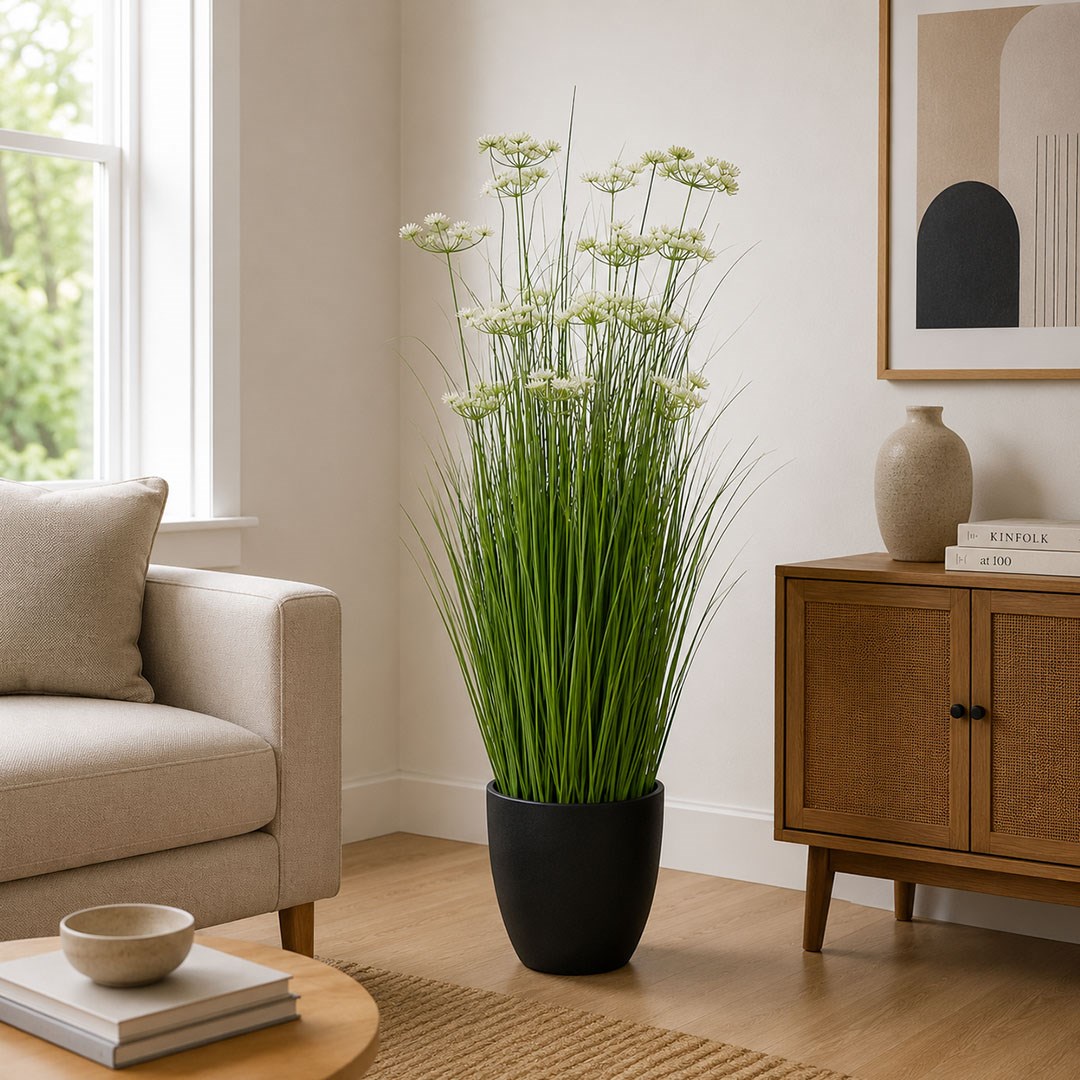 Yapay Grass Pot Beyaz Çiçekli 110 cm
