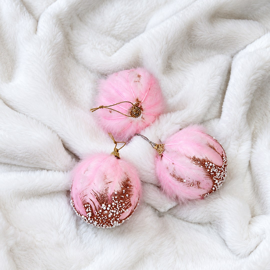 Yılbaşı Ağaç Topu Tüylü Simli 3 Adet Pembe 8 cm