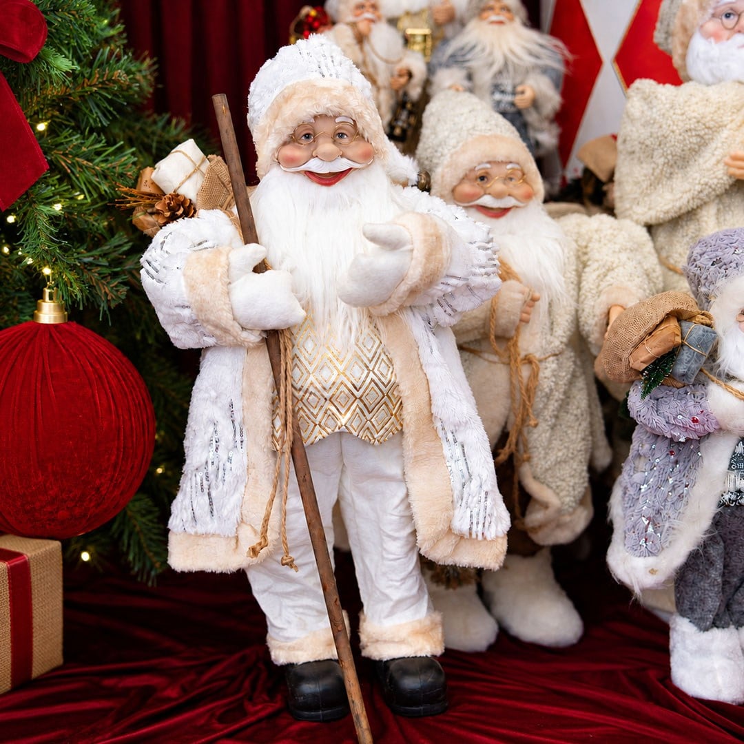 Yılbaşı Noel Baba Baklava Desenli Bastonlu Ayakta Beyaz-Altın 60 cm
