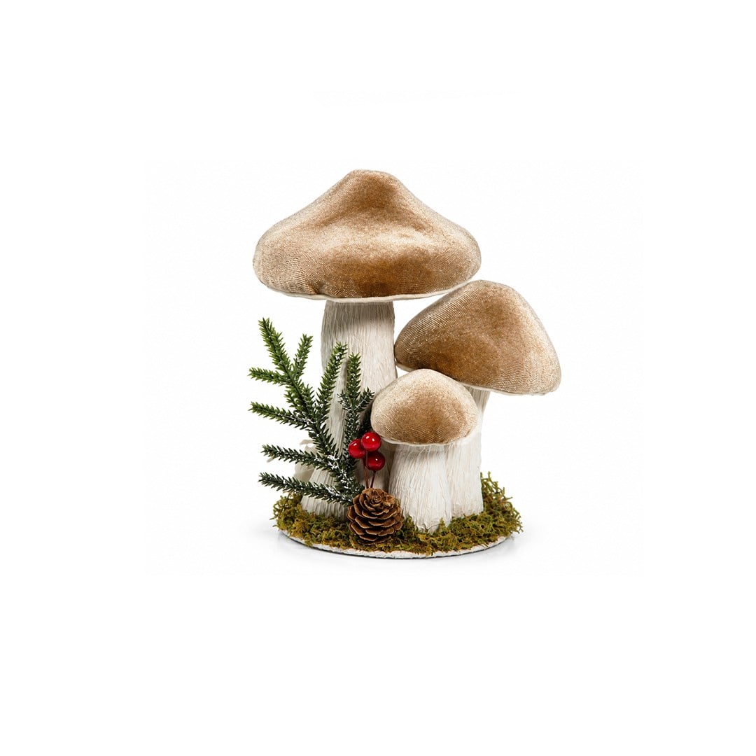 Yılbaşı Dekoratif 3lü Kadife Mantar Figür Küçük Süs Krem 18 cm