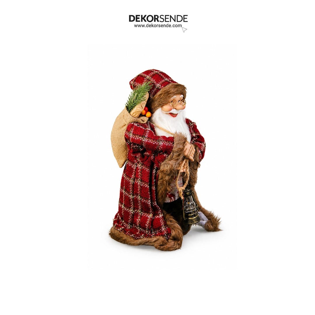 Yılbaşı Ekoseli Kahverengi Kürklü Noel Baba Figürü Kırmızı 60 cm