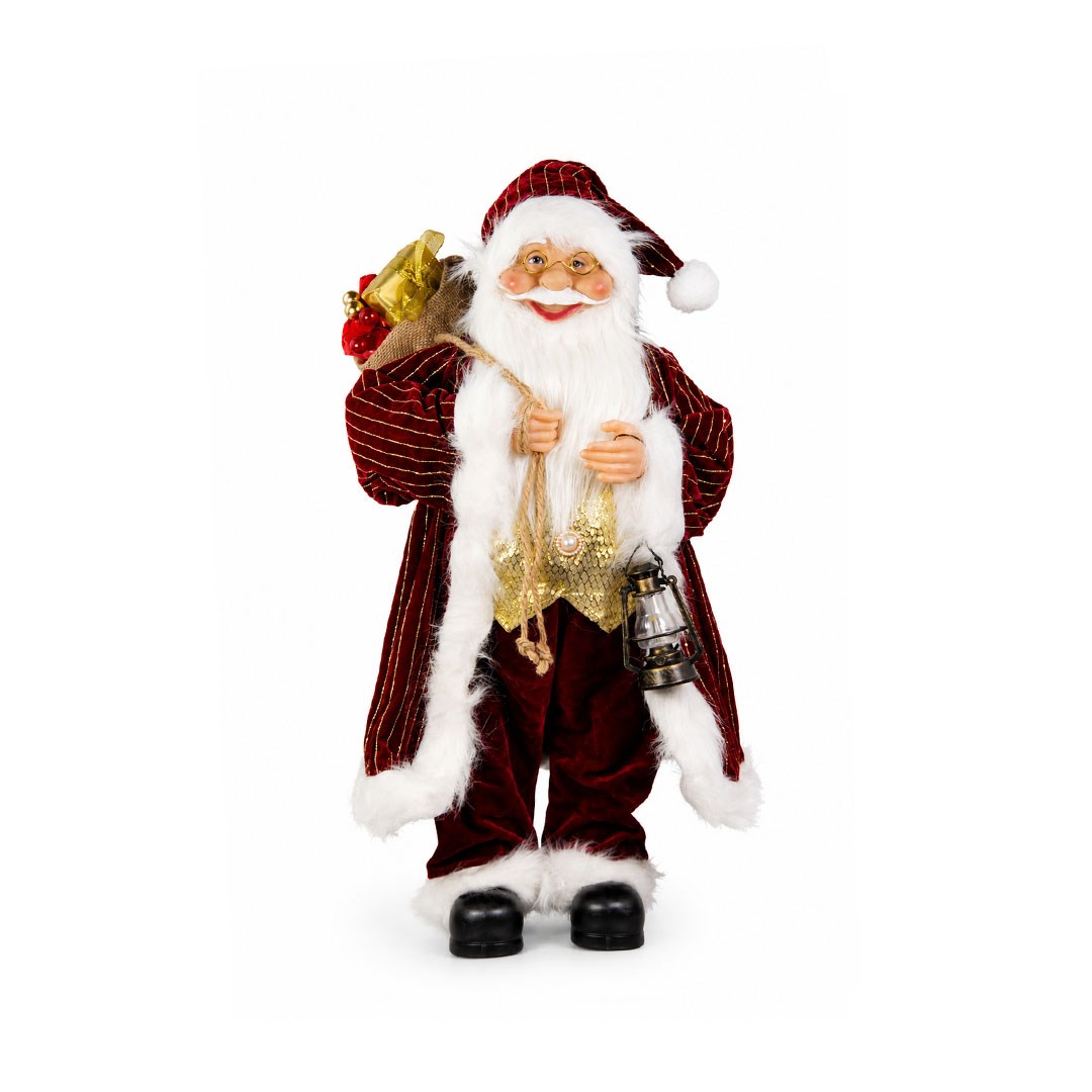 Yılbaşı Kadife Altın Çizgili Noel Baba Figürü Kırmızı 60 cm