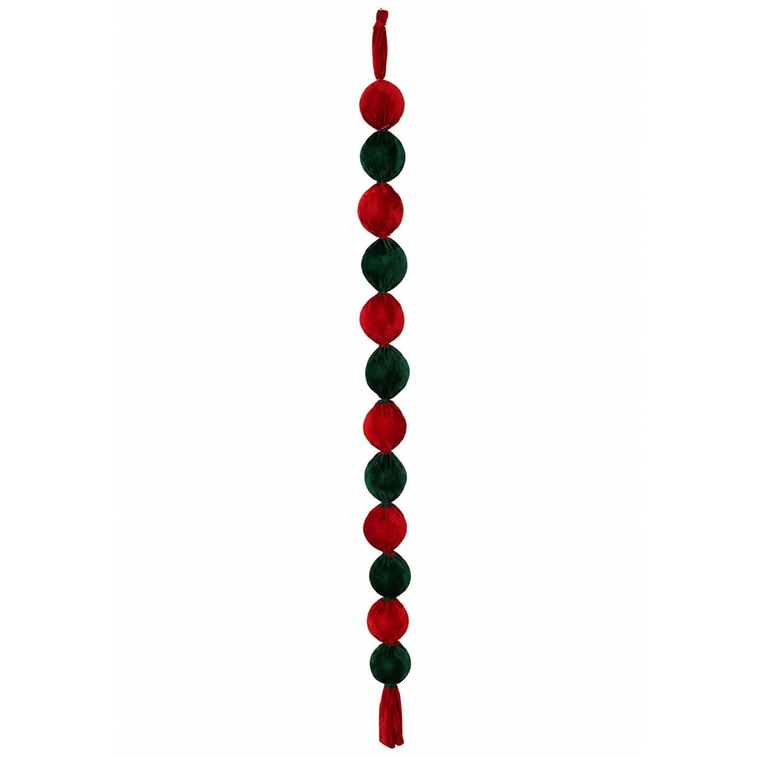 Yılbaşı Kadife Top Garland Şerit Süs Kırmızı Yeşil 190 cm