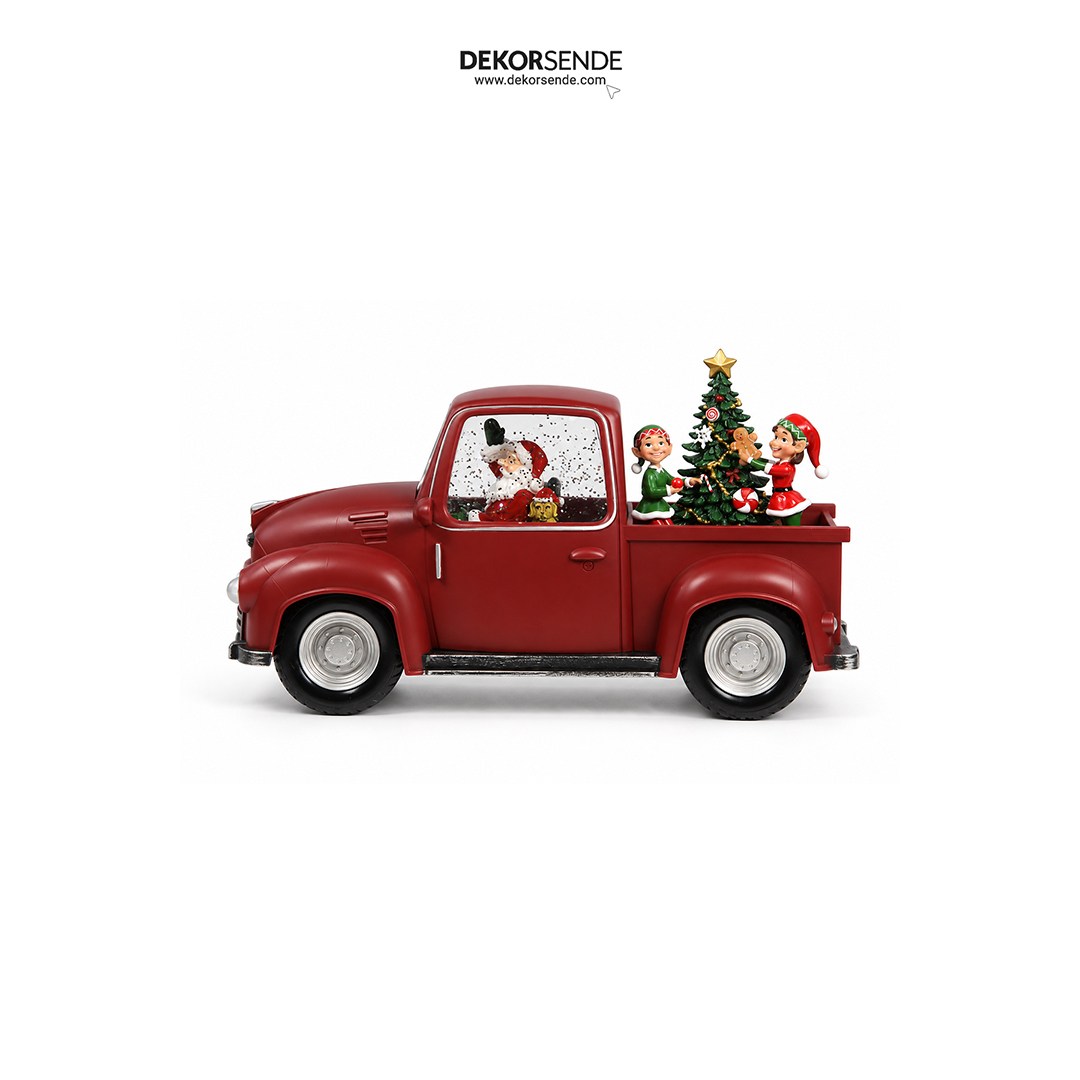 Yılbaşı Kar Küresi Arabalı Elf Çocuklu Noel Baba Model 28x15 cm