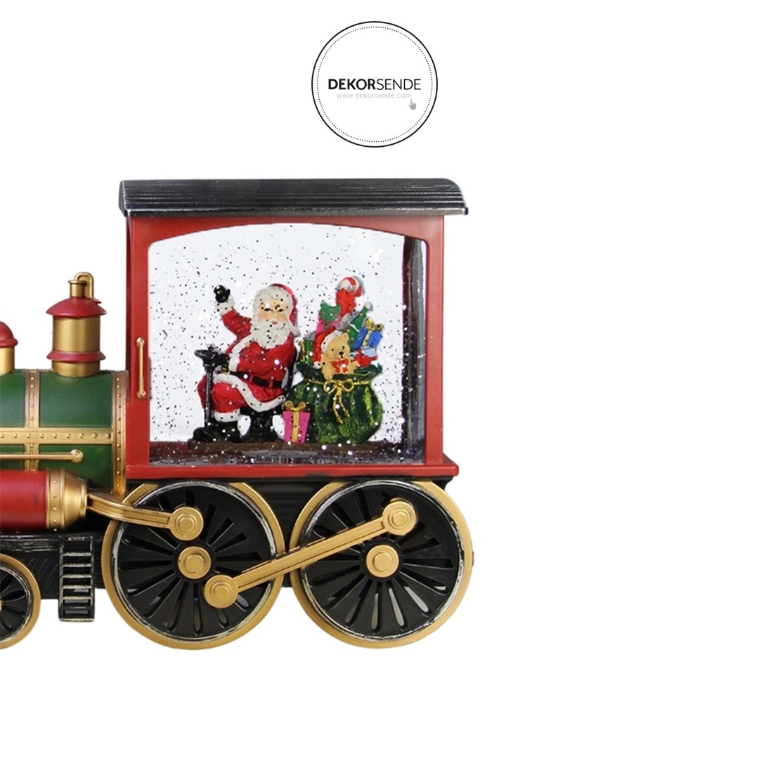 Yılbaşı Kar Küresi Işıklı Tren Noel Baba Yeşil 30 cm