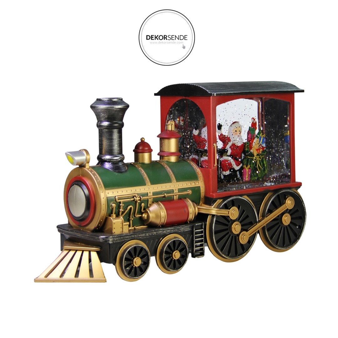 Yılbaşı Kar Küresi Işıklı Tren Noel Baba Yeşil 30 cm