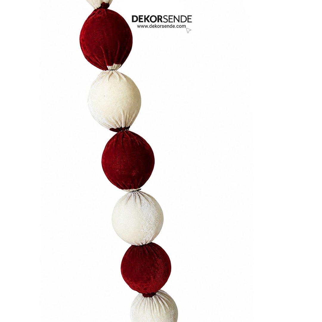 Yılbaşı Kadife Top Garland Şerit Süs Kırmızı Beyaz 190 cm