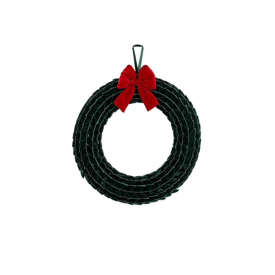 Yılbaşı Süsü Çember / Çelenk Kırmızı Fiyonklu Kadife Örgü Yeşil 40 cm
