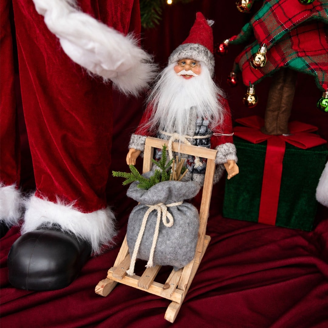 Yılbaşı Noel Baba Kızaklı Ayakta Kırmızı Gri 32 cm