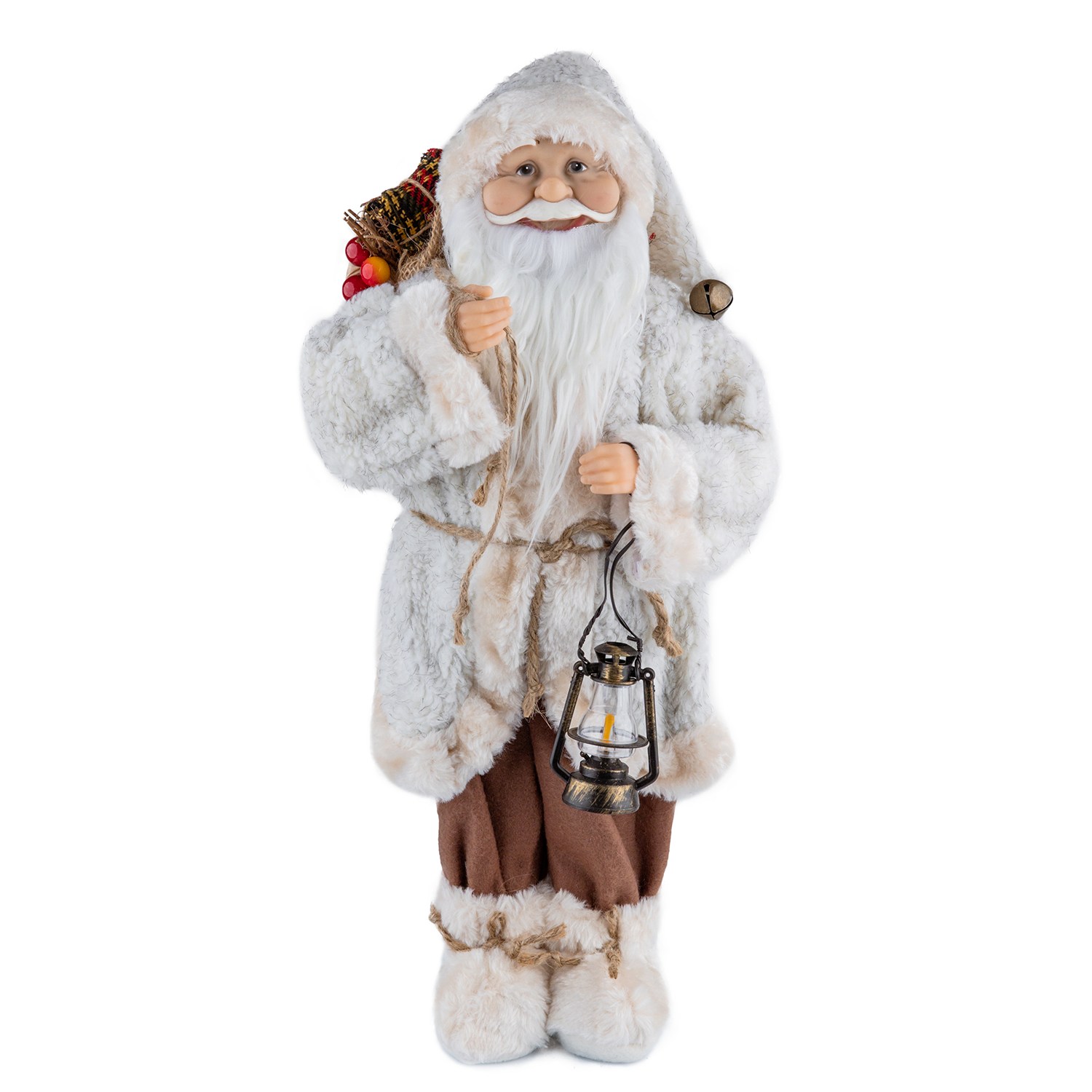 Yılbaşı Noel Baba Yumoş Polarlı Fenerli Bej 45 cm