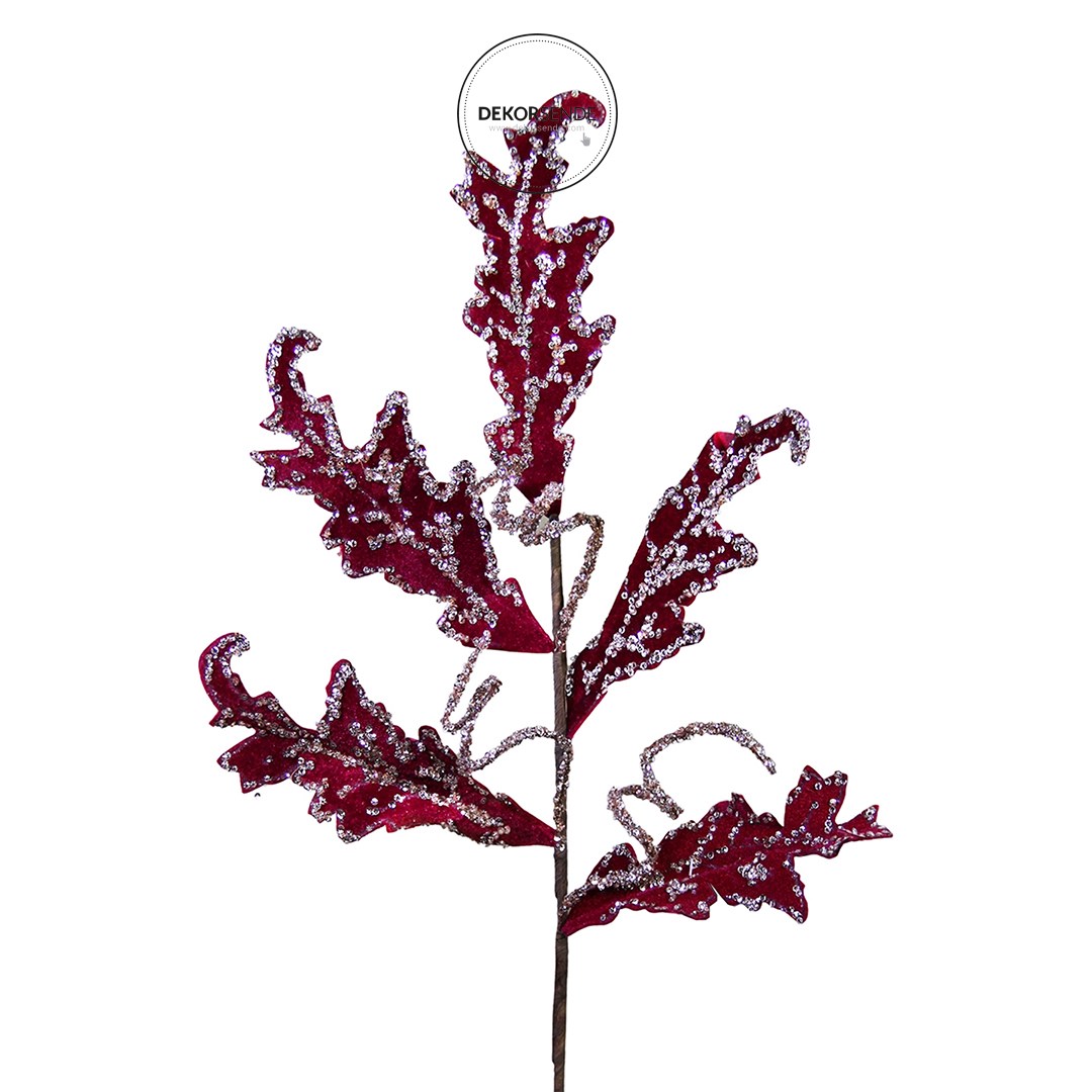 Yılbaşı Ponsetya Pike Yaprak Dal Taşlı Kadife Bordo 70 cm