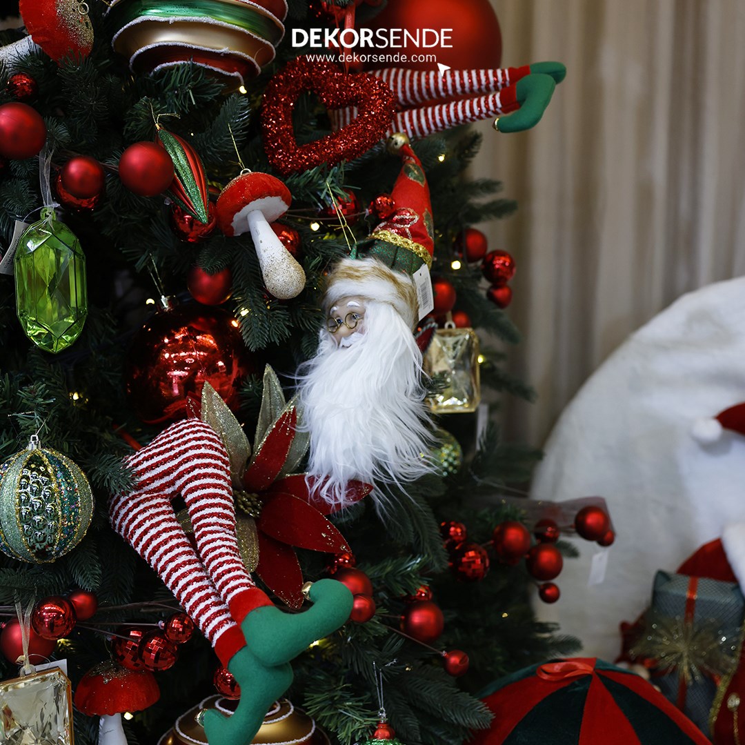 Yılbaşı Süs İşlemeli Şapka Noel Baba Kafası Yeşil Kırmızı 45 cm