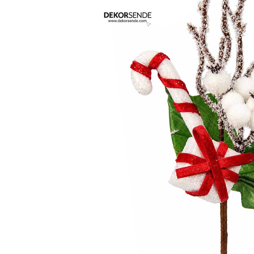 Yılbaşı Süsü Pike Dal Bastonlu Hediye Paketli ve Karlı Beyaz Berry 25 cm